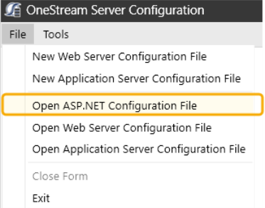 File tab drop down menu with Open ASP.NET Configuration File highlighted